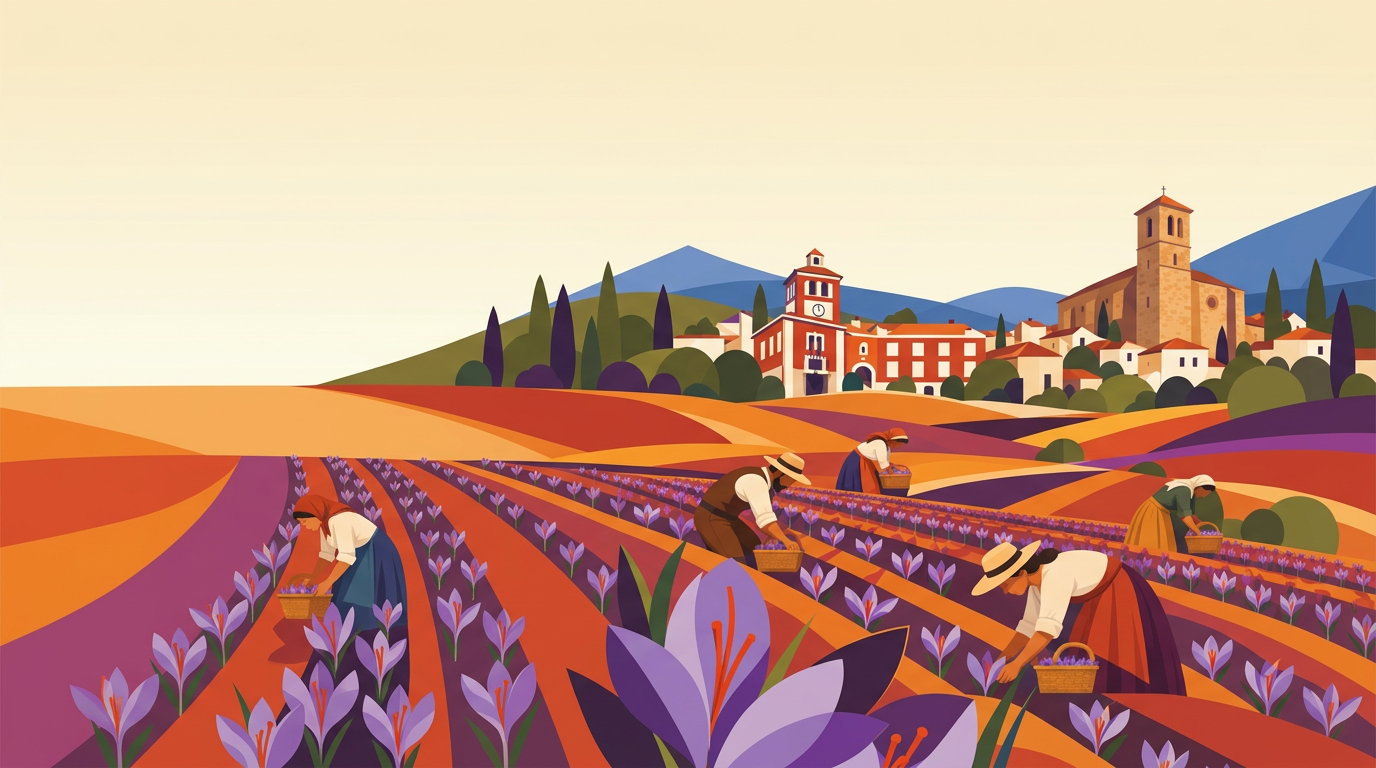 Ilustración del cartel 2026: recolección del azafrán con el pueblo de Motilla del Palancar al fondo